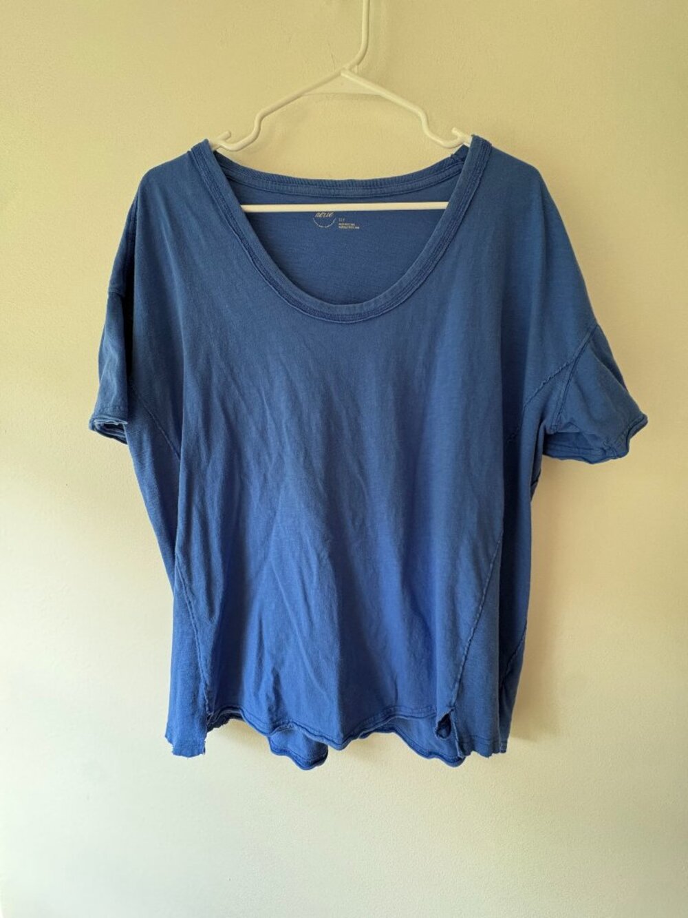 Aerie Distressed Slouchy Tee S/P Blue Overdyed 100% Cotton Raw Hem Drop Shoulder